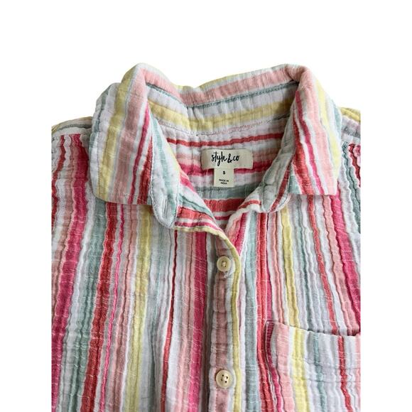 Women's Style & Co Cotton Gauze Striped Camp Shirt Size S Pastel Button Front - Picture 2 of 6